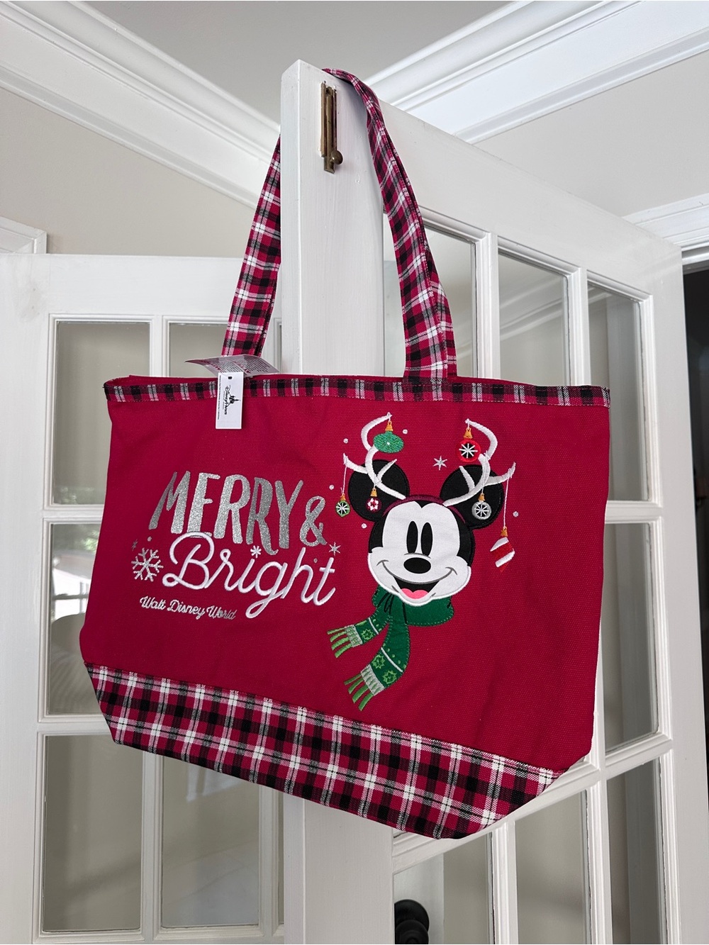 Disney Red Merry & Bright Mickey Tote with Plaid Trim